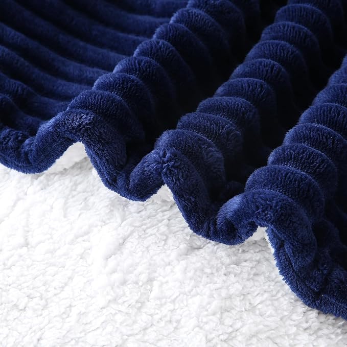 Navy Blue Sherpa Fleece Throw Blanket 108”×90” for Couch Sofa Bed,Super Soft Cozy Plush Double Side Thick Flannel Blanket with Striped Design Lightweight for Adults,Woman,Girls