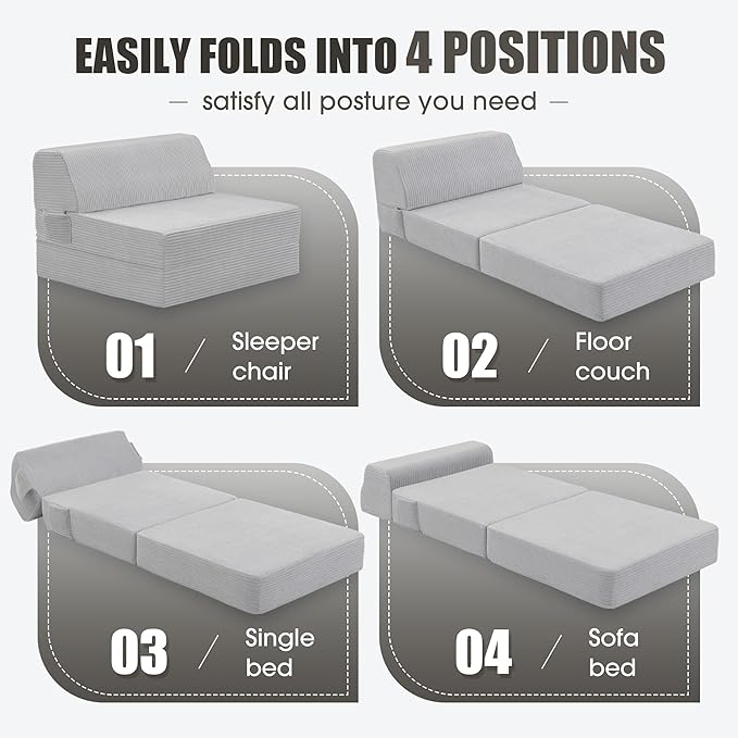 Folding Sofa Bed with Pillow, Memory Foam Fold Out Chair Bed, Convertible Sleeper Chair with Washable Cover, Futon Floor Couch for Living Room/Dorm/Guest Use/Home Office/Apartment, Light Grey