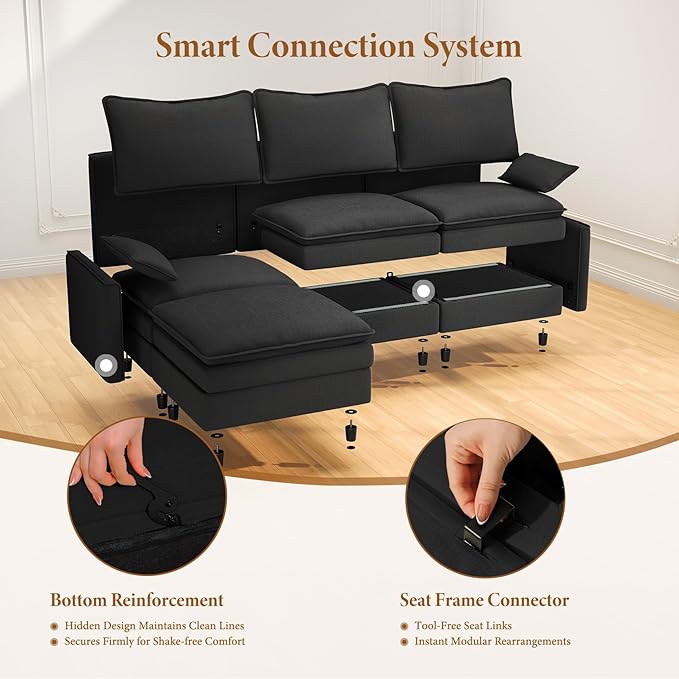Vesgantti 101" V-Shaped Corner Couch Sectional, 7 Seat Customizable Modular Cloud Couches with Movable Ottoman, Chenille Deep Seat Sofa Set with Chaise for Living Room, Bedroom and Apartment, Black