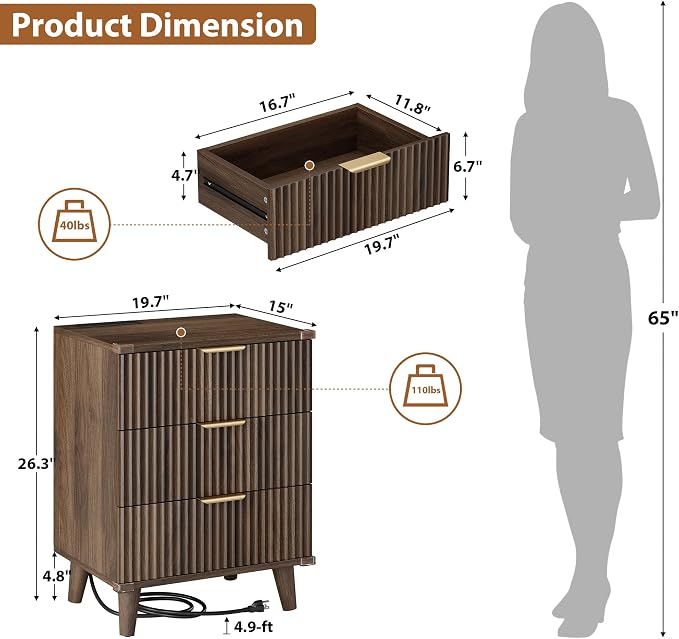 Lulive Wood Nightstand Set of 2 with Charging Station, 3 Drawers Fluted Design, Modern End Table for Bedroom Walnut - Image 3