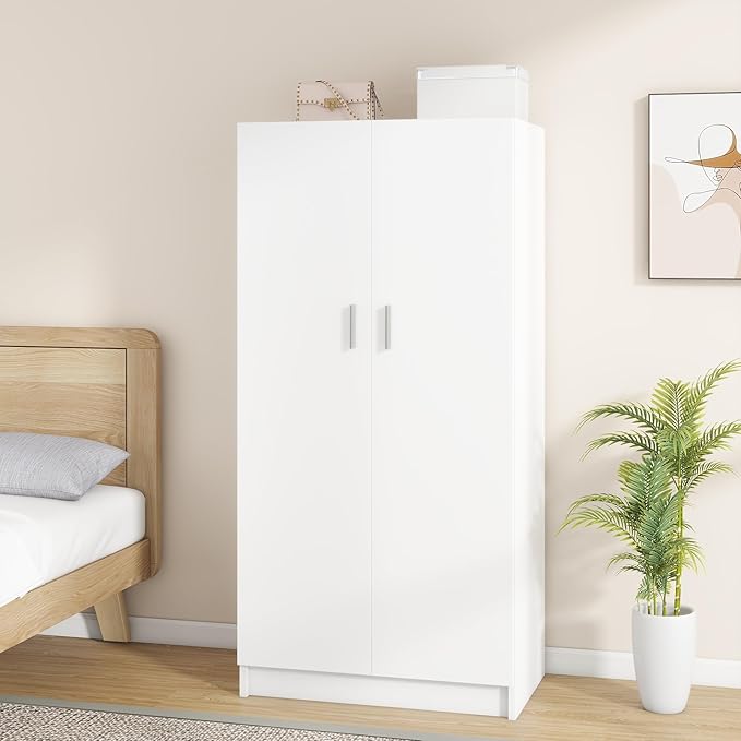 Panana 2 Door Wardrobe Closet Bedroom Armoires with 2 Shelves Storage, Hanging Rail for Bedroom (White)