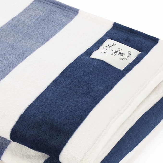 Nautica - Blanket, Ultra-Soft Plush Fleece Blanket for Bed or Couch, Lightweight Micro Flannel Throw Blanket for Year Round Comfort (Awning Stripe Blue, 50" x 60")