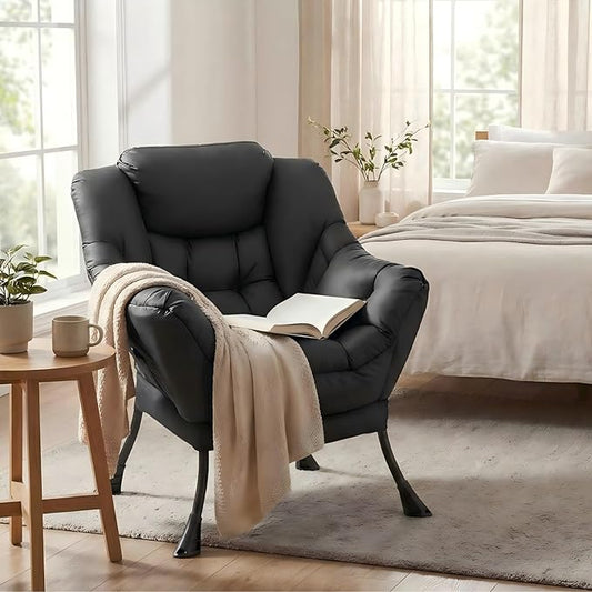 TLSUNNY Lazy Chair, Modern Comfy Lounge Accent Chair, Large Sofa Armchair with a Side Pocket, Leisure Upholstered Reading Chair for Bedroom, Living Room, Small Space (Black)