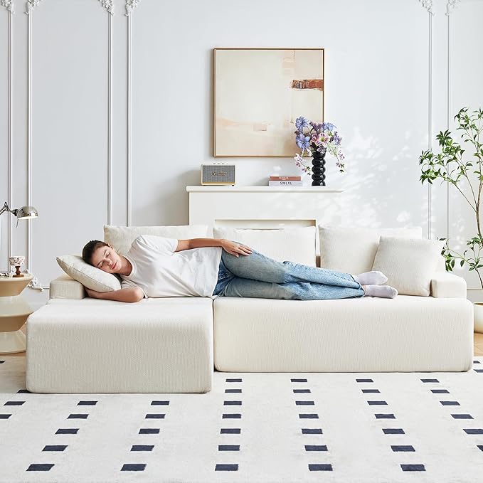 Boneless Couch, L Shaped Cloud Couches for Living Room, Comfy Fluffy Modular Sectional Sofa, Deep Seat Memory Foam Lounger with Left Facing Chaise, Free Combination, Beige
