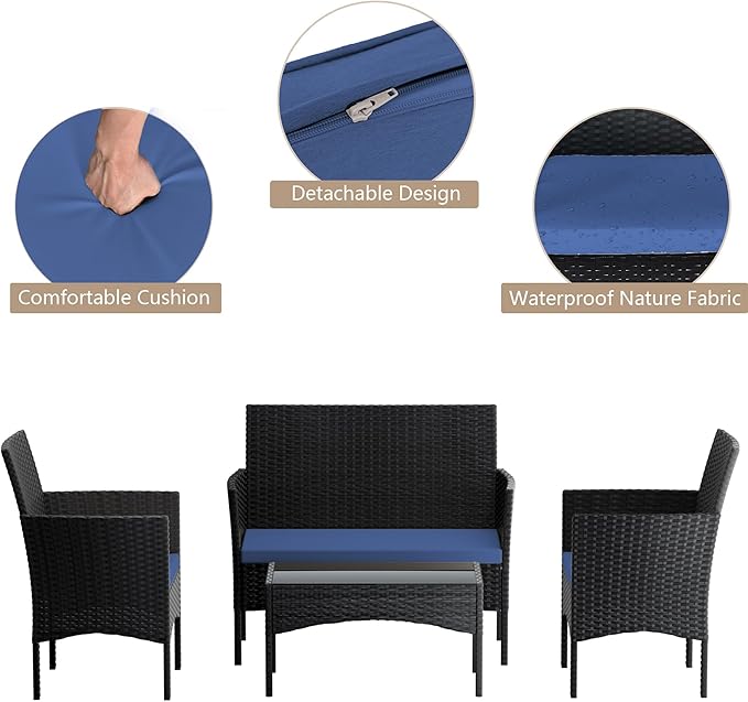 4 Pieces Patio Furniture Set Outdoor Conversation Set Rattan Furniture Set Wicker Chairs and Sofa with Glass Table for Porch Pool Backyard Garden,Navy Blue