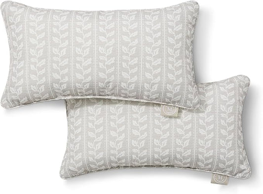 Martha Stewart Vineyard Vines Indoor Outdoor Decorative Lumbar Pillow 2-Pack Set, UV Fade Resistant, Water Repellent, Printed Garden Design, Warm Grey, 11"x18"
