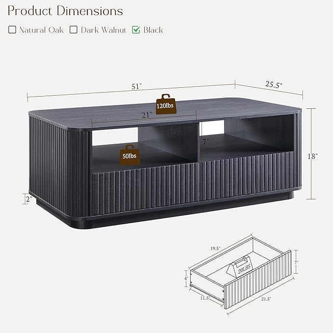 ACCOHOHO 51" Fluted Coffee Table with Storage, Large Modern Center Table with 2 Drawers, Rectangle Wood Coffee Table for Living Room