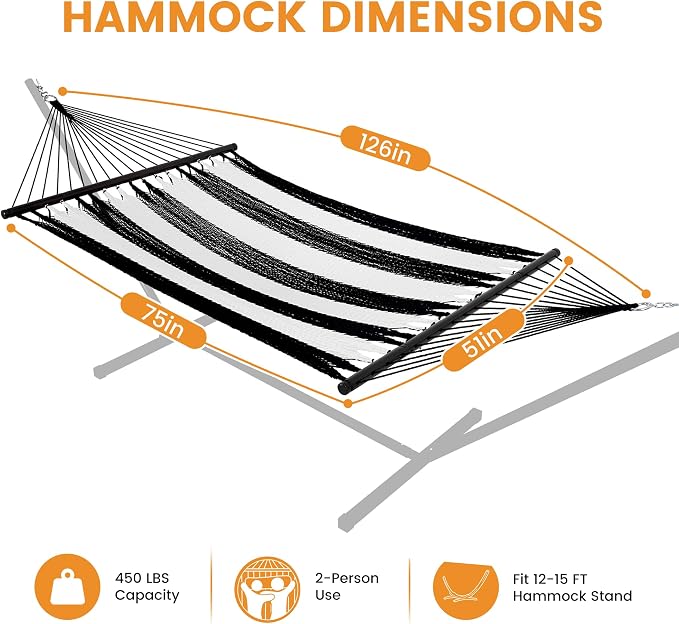 Lazy Daze Hammocks 10.5 FT Double 2 Person Caribbean Rope Hammock, Hand Woven Polyester Hammock with Spreader Bars, for Outside Outdoor Backyard Patio Poolside, 450 LBS Capacity, Black/White - Image 6