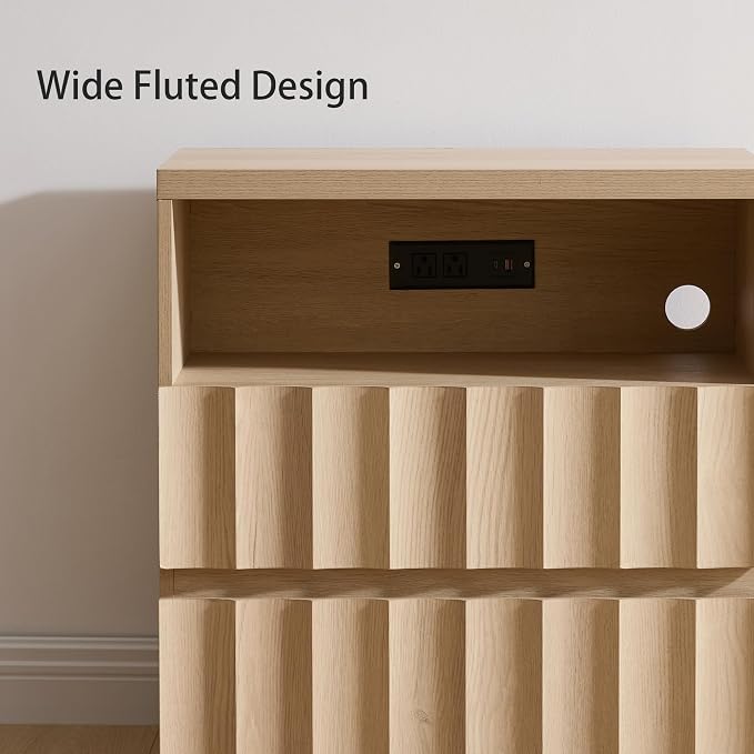 VividVibe Wide Fluted Nightstand Set of 2 with Charging Station, Side Table with Discreet Rear Cord Cutouts, 2 Drawers Wooden Modern Organic End Table Bedside Table for Bedroom Home Office Light Oak - Image 9