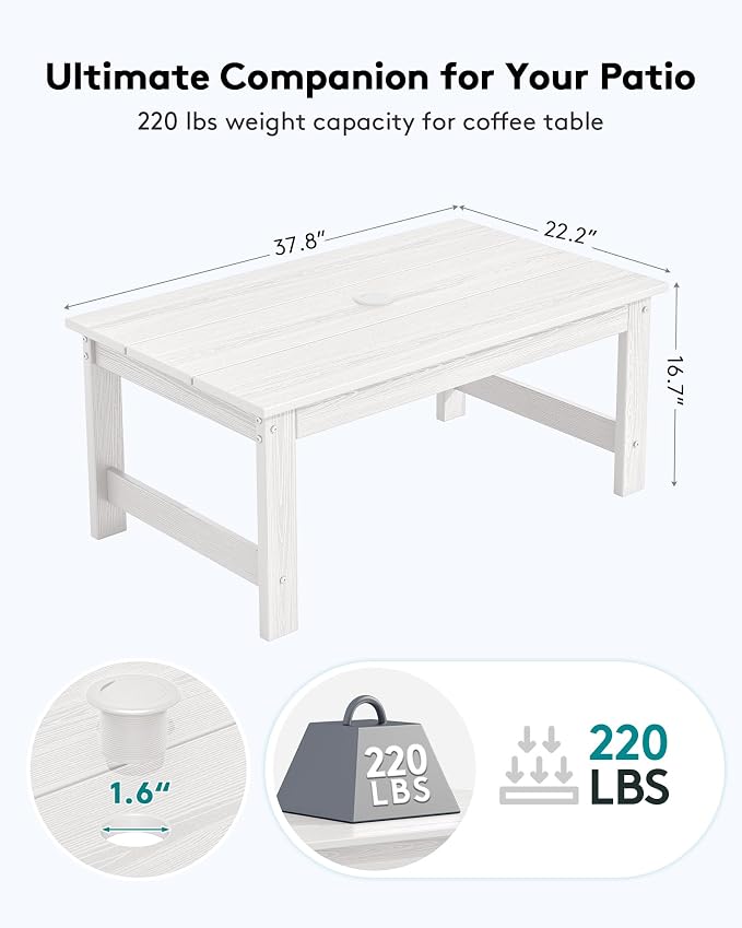 SERWALL HDPE Patio Coffee Table, Rectangle Outdoor Coffee Table, All-Weather Coffee Side Table for Balcony, Poolside, Deck, Garden, White - Image 3