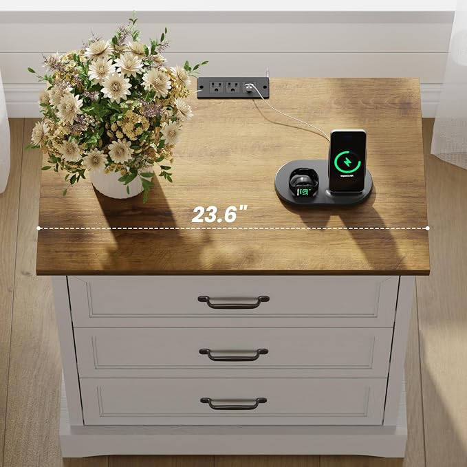 Farmhouse Nightstand Set of 2 with Charging Station and Hidden Drawer, 23.6" W Bedside Table with 4 Drawers, Night Stand for Bedroom, Home Office, White & Brown - Image 8