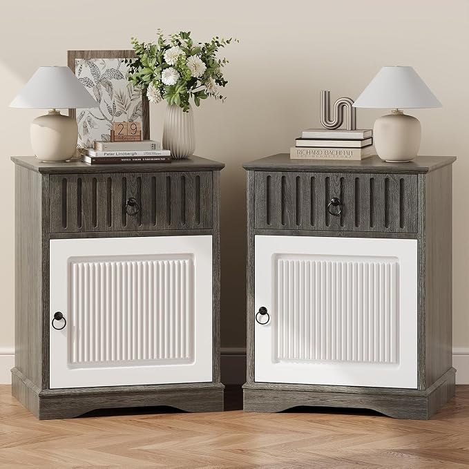 4ever2buy 18" Farmhouse Nightstand, Grey Night Stand with Storage, Wood End Table Bedside Table for Bedroom, Grey and White - Image 9