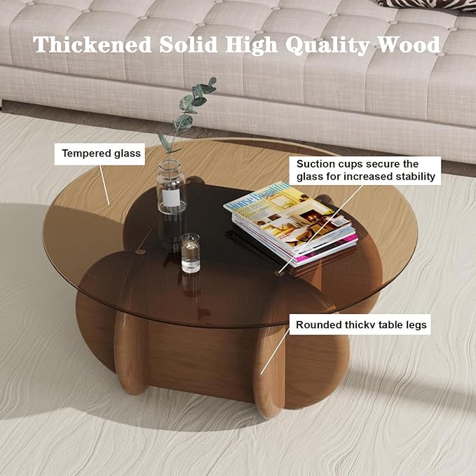 Brown Round Coffee Table Glass Top 31.5" Modern Elegant Round Coffee Tables with Solid Wood Legs and Tempered Glass Tabletop for Living Room Home Small Space Reception Office Tables