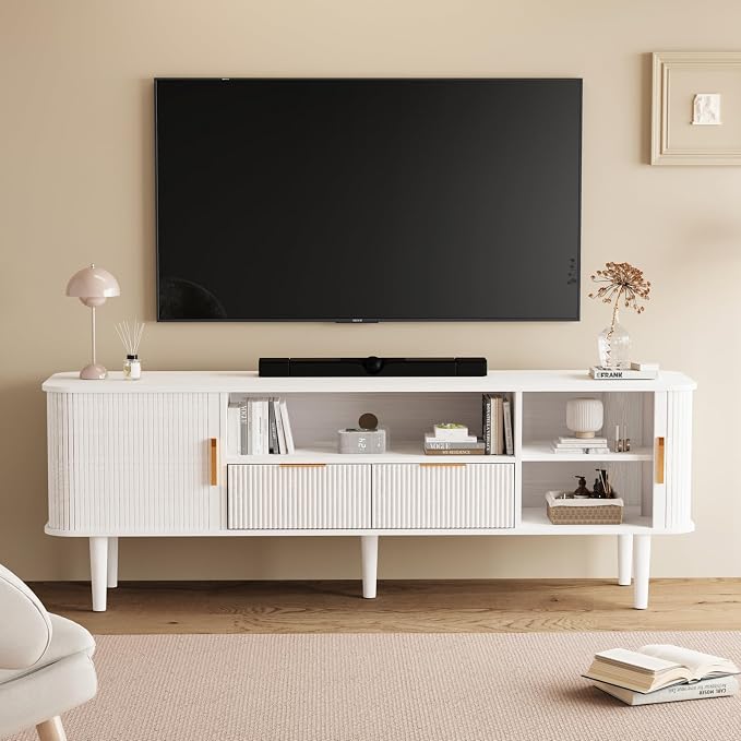 Fluted TV Stand, 62.4 Inch Mid Century Modern Media Console Table with Drawer Sliding Tambour Door Farmhouse Sideboard Buffet Cabinet Fits TVs up to 75 inch Wood Entertainment Center(White) - Image 8
