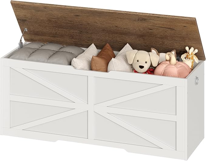 CHOEZON Storage Chest, 47.2" Wooden Storage Trunk, Modern Storage Bench with Safety Hinge, Toy Box, Farmhouse Style, for Bedroom, Living Room, Walnut and White MCW16WL - Image 9