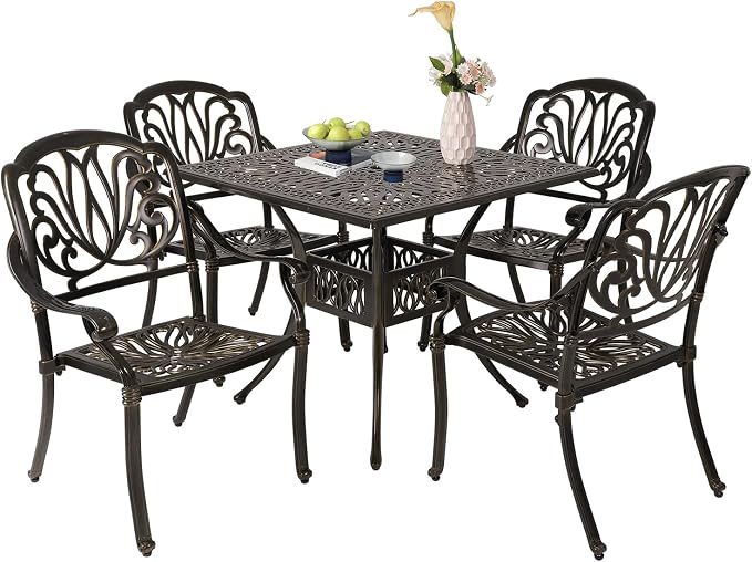 Cast Aluminum Outdoor Patio Dining Set, All Weather Outdoor Furniture Dining Set for Patio, Balcony, Lawn, Garden, Backyard (1 Square Table+ 4 Dining Chairs) by Sumshadow