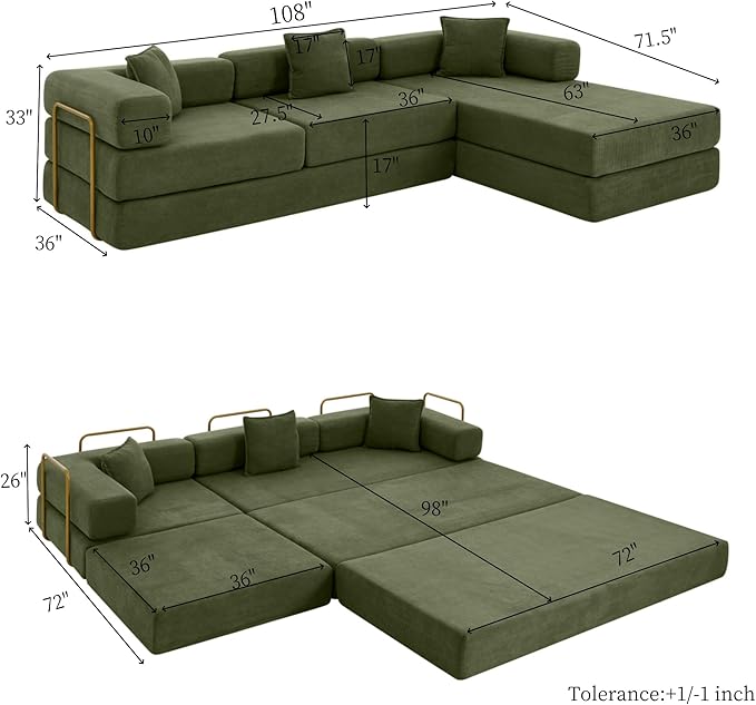 Eafurn L Shaped Convertible Sleeper Sofa Bed King Size Sleeper Sofabed, 7-in-1 DIY Combination Corduroy Folding Mattress Couch with Fixed-Shape Frame, Boneless Floor Sofa Couch