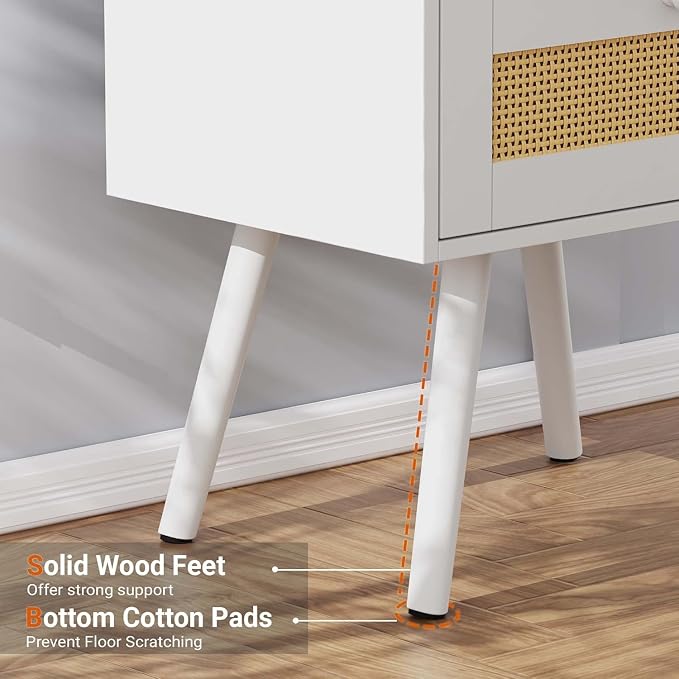 SUPERJARE Nightstand with Charging Station & Rattan-Like Decor Drawer, Rattan End Table with Solid Wood Feet, Bed Side Table with Open Storage, for Bedroom, Living Room, Dormitory - White - Image 6
