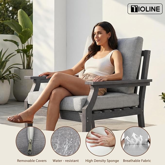 HDPE Patio Conversation Set, 4-Piece All Weather Outdoor Furniture Set with 3-Seater Modular Sofa for Deck, Lawn, with Cushion, Gray