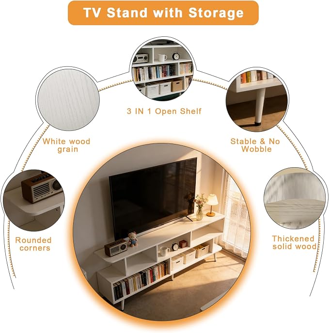 Lightdot 55 Inch TV Stand, up to 65 Inch TVs, Large Storage for Collection with 6 Open Shelves, Sturdy Media Console Table for Living Room/Entrance/Kitchen/Sofa Cabinet, Easy Assembly, White - Image 5