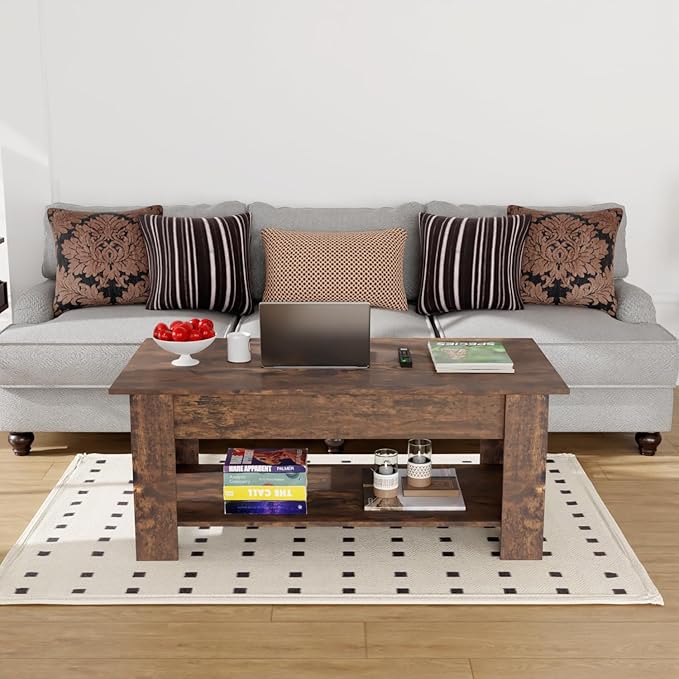 PayLessHere Coffee Table Lift Top Coffee Tables with Hidden Compartment and Storage Shelf Wooden Lift Tabletop Dining Table for Living Room Home (Brown, 47" D x 31" W x 25" H)