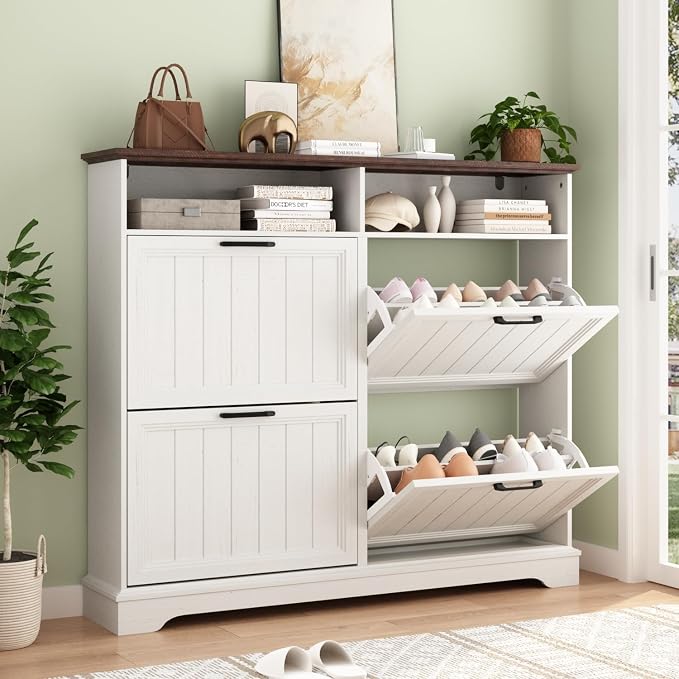 Shoe Storage Cabinet with 4 Flip Drawers, Farmhouse Modern Hidden Shoes Rack Cabinet with Adjustable Shelves & Open Storage, Narrow Slim Shoe Organizer for Front Door Entrance, Entryway, Antique White by WINWY