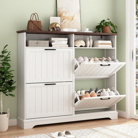 Shoe Storage Cabinet with 4 Flip Drawers, Farmhouse Modern Hidden Shoes Rack Cabinet with Adjustable Shelves & Open Storage, Narrow Slim Shoe Organizer for Front Door Entrance, Entryway, Antique White by WINWY