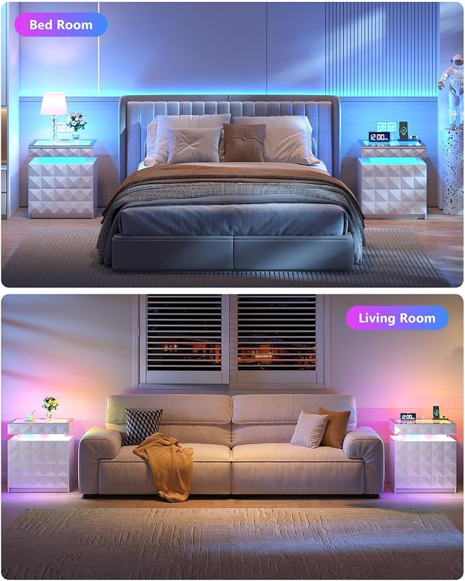 Dystler Night Stand with Charging Station and RGB Lights, LED Nightstand with Tempered Glass and Sliding Top, 3 Drawers Bedside Table with Hidden Storage, Lockable End Side Table for Bedroom, 2 White - Image 8