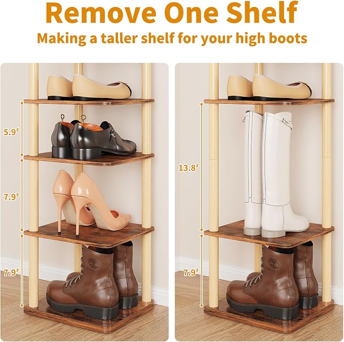 LUCKNOCK Vertical Shoe Rack, 8-Tier Tall Narrow Shoe Organizer for Entryway, Closet, Dorm & Small Spaces, Freestanding Wooden Shoe Shelf Tower for Boots, Sneakers, Heels. (Rustic Brown) - Image 9