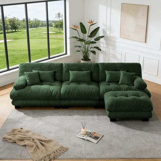 133.8" L-Shaped Cloud Couch, Oversized Modular Sectional Sofa, Deep Seat Cloud Boneless Couch, 3-Seat Modular Sectional Sofa with Ottoman or Living Room,Bedroom and Apartment, Green
