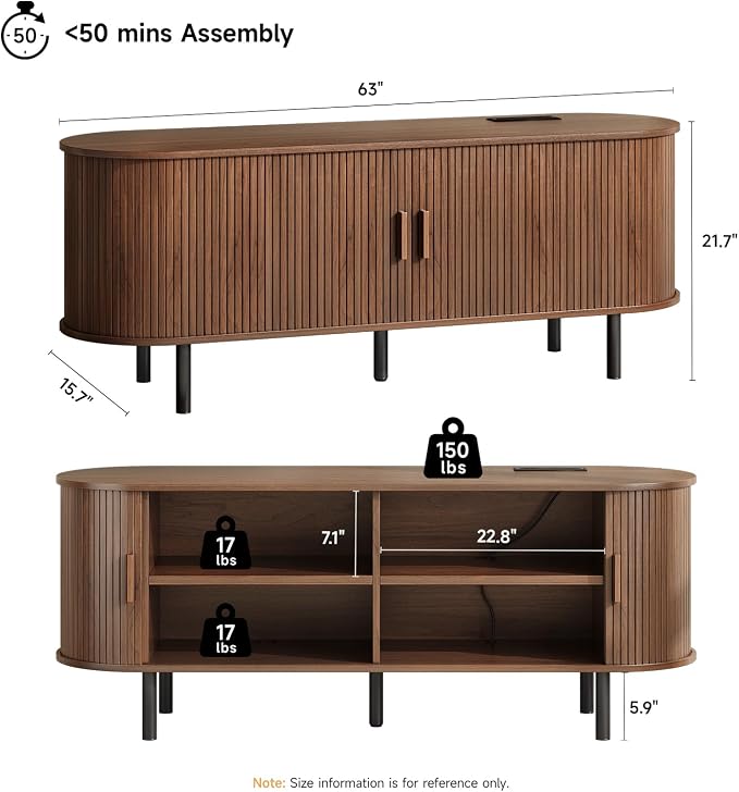 ONBRILL 63" TV Stand with Power Outlet for TVs up to 70 Inch, Entertainment Center with Storage and Adjustable Shelves, Modern Media Console with Sliding Doors for Living Room, Walnut - Image 2