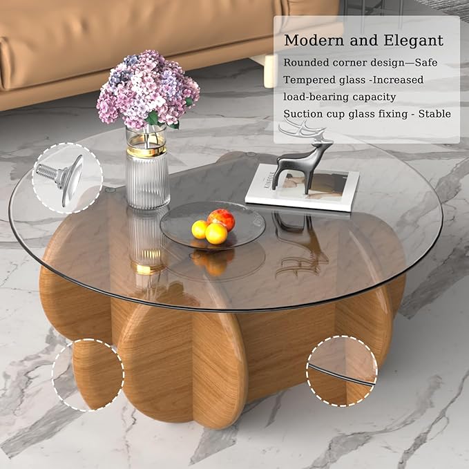 Transparent Round Glass Coffee Tables Noguchi Elegant Round Coffee Table with Solid Wood Legs and Tempered Glass Tabletop for Living Room Home Small Space Reception Office Tables 31.5"