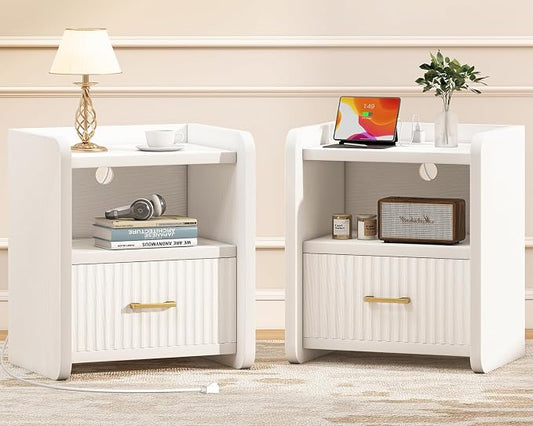 Night Stand with Charger Station, Fluted Nightstands Set of 2 with Drawer, Modern Bedside Table Set of 2, Wide Nightstands for Bedroom, Mid Century Wooden Night Stands for Home Sofa Couch by Curlaky
