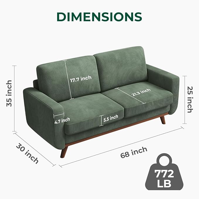 68" Green Corduroy Loveseat Sofa, Comfy Deep Seat Couch with Spring Cushion & Solid Wood Frame, Modern 2-Seater Sofa for Living Room Bedroom Office