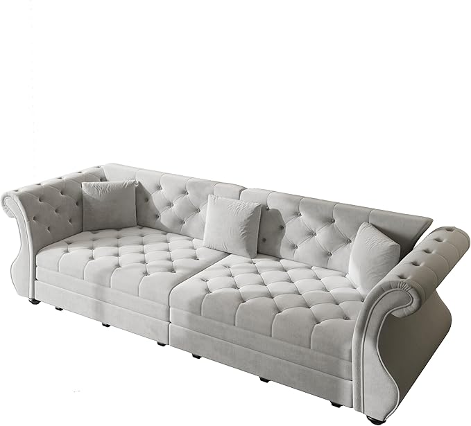 Eafurn Oversized 4-Seater Chesterfield Loveseat Convertible King Size Sleeper Couch Bed,Classic Tufted Velvet Pull Out Loveseat Sofa Bed with Roll Armrest and Solid Wood Legs