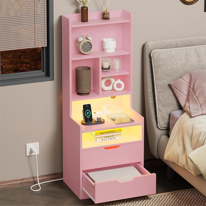 ADORNEVE Tall Night Stand with Charging Station and LED Lights,Nightstand with Bookshelf,Bedside Table with Drawers & Power Outlets,End Side Table for Bedrooms,Pink - Image 6