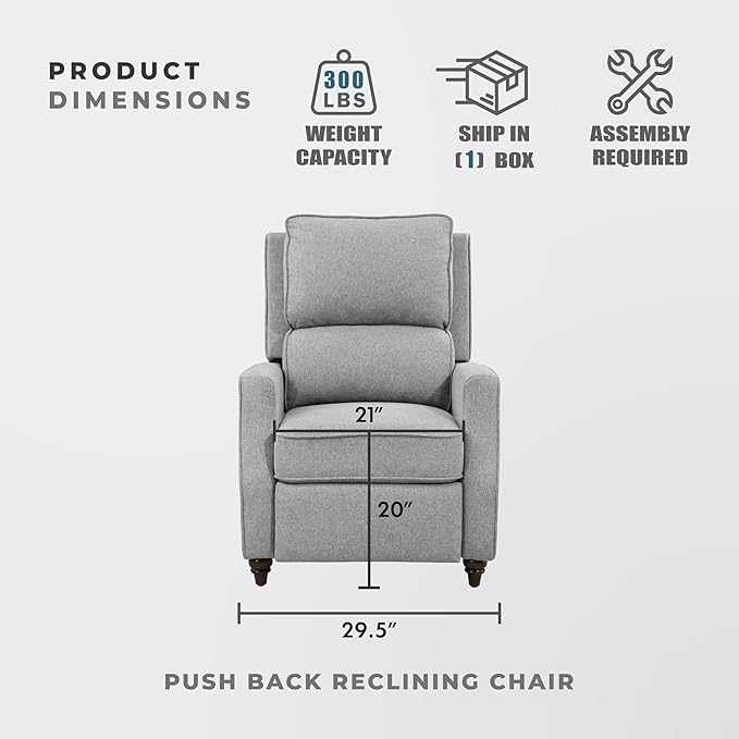 Lexicon Push Back Recliner Chair Living Room, Reclining Sofa Chair, Modern Recliner, Fabric Recliner Arm Seat for Living Room/Office/Apartment, Gray