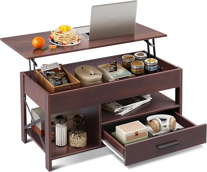 WLIVE Coffee Table, 39" Lift Top Coffee Table with Hidden Compartment, Storage Drawers and Storage Shelf for Living Room, Reception Room, Espresso