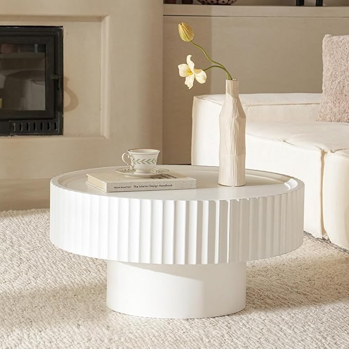 Round Coffee Table, 30.3in Modern Living Room Table, Fluted Drum Circle Tea Table with Storage, Accent Center Tables for Living Room, Apartment, Small Space(30.3''L×13.7''H) (White)