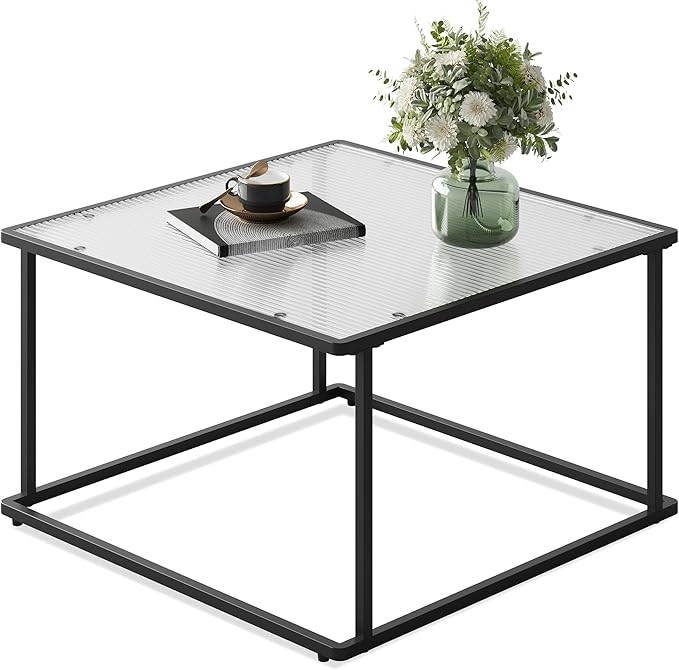 WLIVE Glass Coffee Table, Small Modern Coffee Table for Living Room with Wave Textured Glass & Metal Frame, Square Center Table for Small Spaces Apartment, Office, 26.4 x 26.4in, Dark Black