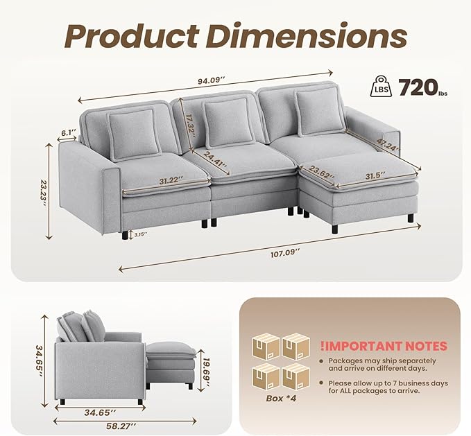 Modular Sectional Sofa 107", Comfy Cloud Couch with Ottoman, Deep 4-Seat L Shaped Modular Sofa, Couches with Throw Pillows for Living Room, Light Grey
