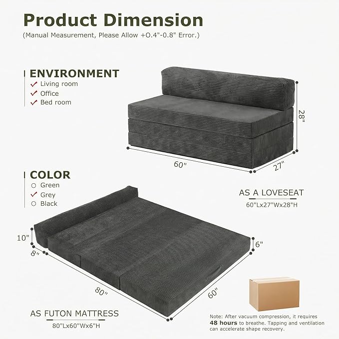 5-in-1 Convertible Sofa Bed, Boneless Loveseat Sleeper, Tri-fold Futon Sofa Bed with Removable Cushions & Washable Cover, Pull Out Couch with Handle, for Small Spaces, Queen Size, Grey
