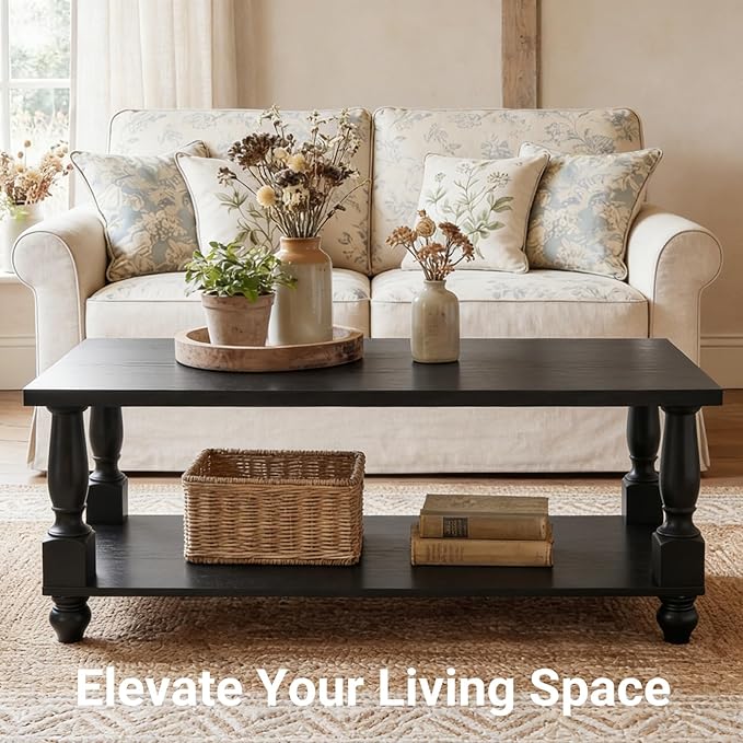 Homieasy Farmhouse Coffee Table with Storage, 47" Rectangular Living Room Center Table with Solid Wood Legs and Thickened Top, 2-Tier Wood Coffee Table with Turned Legs, Easy Assembly, Black