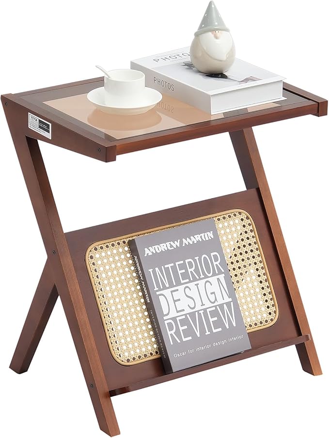 VEVOR Rattan Coffee Table, Z-Shaped Rattan Woven Bamboo Coffee Table with Tempered Glass Top, 20” Modern Boho Storage Table with Natural Bamboo Legs, for Living Room, Bedroom & Small Spaces