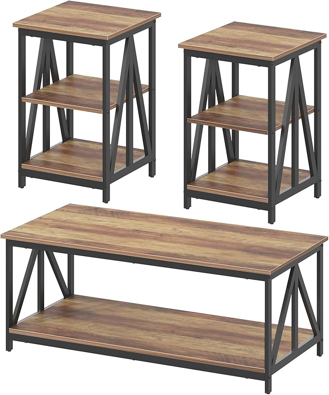 Bigbiglife Living Room Coffee Table Set of 3, Industrial X-Design Coffee Table and 2 End Side Tables, 3 Piece Living Room Table Set with Large Storage for Apartment Home (Wood Grain)