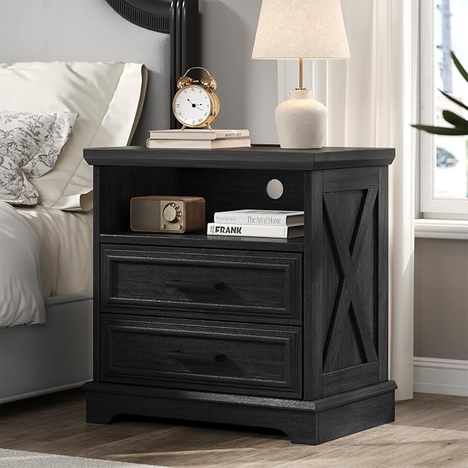 knoworld 24 Inch Wide Farmhouse Nightstands with Charging Station, Dark Gray Nightstand with 2 Large Drawers, Rustic Wood End Table for Bedroom - Image 7