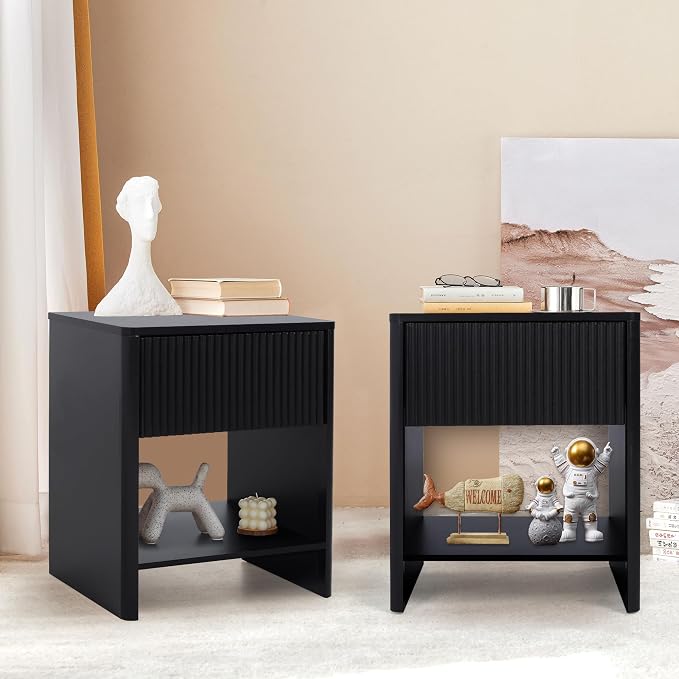 Modern Night Stand Set 2 with Drawer, Black Nightstand for Bedroom, Small End Table with Storage, Living Room/Bed Side Table with Drawer for Small Spaces, Fluted Cabinet Wood Nightstand by affeivul