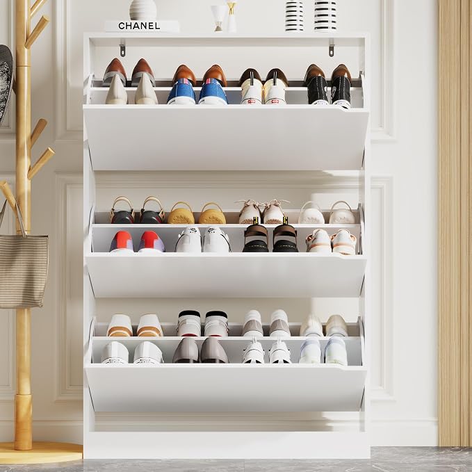 Xixini Shoe Storage Cabinet for Entryway with 3 Flip Drawers, Sturdy Wood Hidden Shoe Storage, Freestanding Narrow Slim Shoe Organizer for Front Door Entrance, Living Room, Hallway, Bedroom, White - Image 7