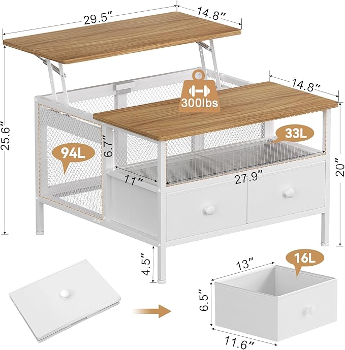 FABATO Lift Top Coffee Table, Square Coffee Table Metal Wood, Farmhouse Lift Up Coffee Tables Cocktail Table with Wire Mesh Barn Door and Storage, Steel Frame, Small Tea Tables for Living Room, White