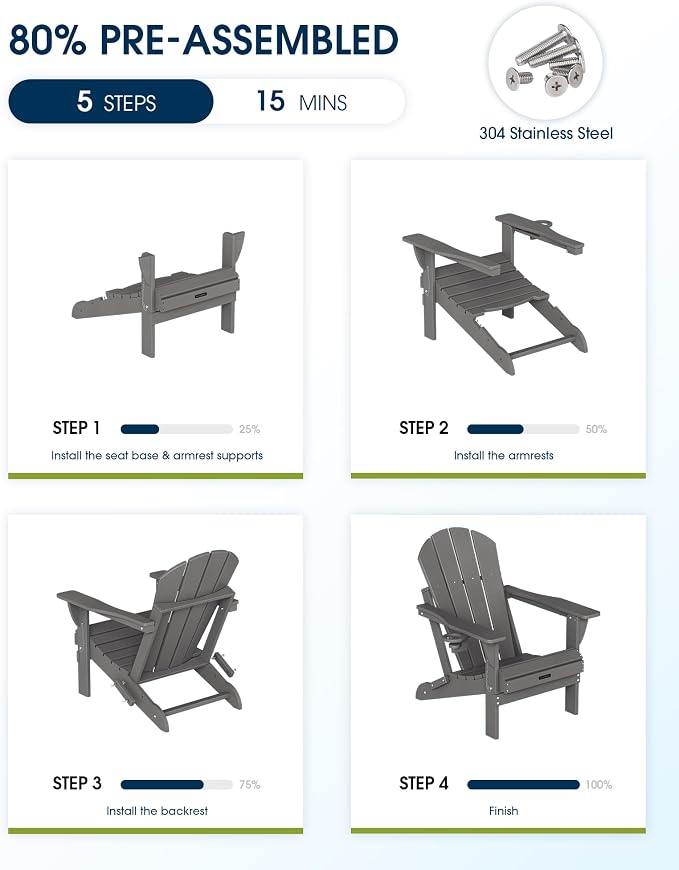 MUCHENGHY Folding Adirondack Chairs, Patio Chairs, Lawn Chairs, Outdoor Chair, Adirondack Chair Plastic, Fire Pit, Weather Resistant with Cup Holder for Deck, Backyard, Garden(Gray) - Image 7